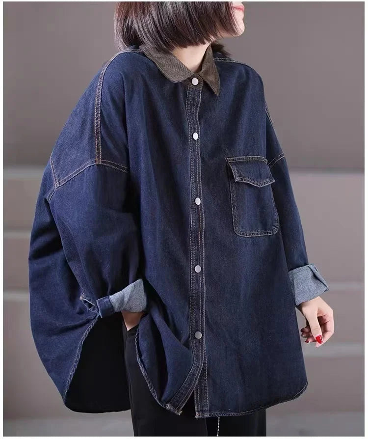 Loose Fit Women's Korean Style Corduroy Denim Shirt Jacket  Collar Splicing Oversize Outerwear Commute Fashion
