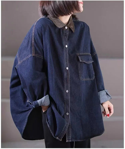 Loose Fit Women's Korean Style Corduroy Denim Shirt Jacket  Collar Splicing Oversize Outerwear Commute Fashion