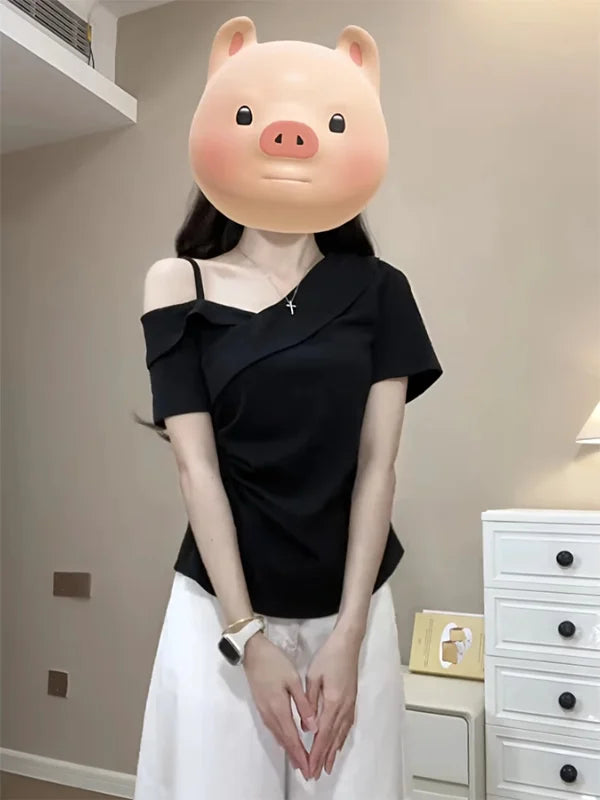 plus Size Slim Fit Short Sleeve Cross Neck Shoulder Bared T-Shirt Casual Style Versatile Summer New Arrival Women's Top