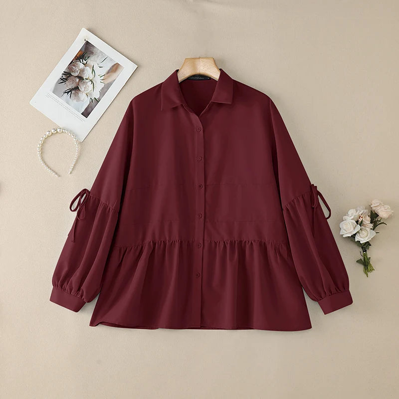 2025 Autumn Blouse ZANZEA Office Women Shirt Spring Elegant Lapel Neck Long Sleeve Tops Solid Button Up Blusas Lace-Up Chemise