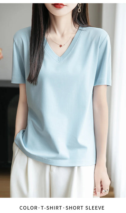 2026 Summer New Pure Cotton V-neck Short-sleeved T-shirt Women's Solid Color Joker Pullover Shirt with Loose Sleeve Bottom Shirt