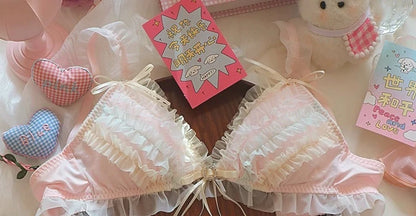 Japanese Style Lolita Princess Lingerie Set Women Pure Desire Cake Layer Lace Mesh Cotton Crotch Party Bra  Panty Set Soft Cute