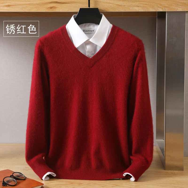 100% Pure Mink Cashmere Sweater Men's V-Neck Pullovers Knit Large Size Mink Sweater Winter New Long Sleeve High-End Jumpers Tops