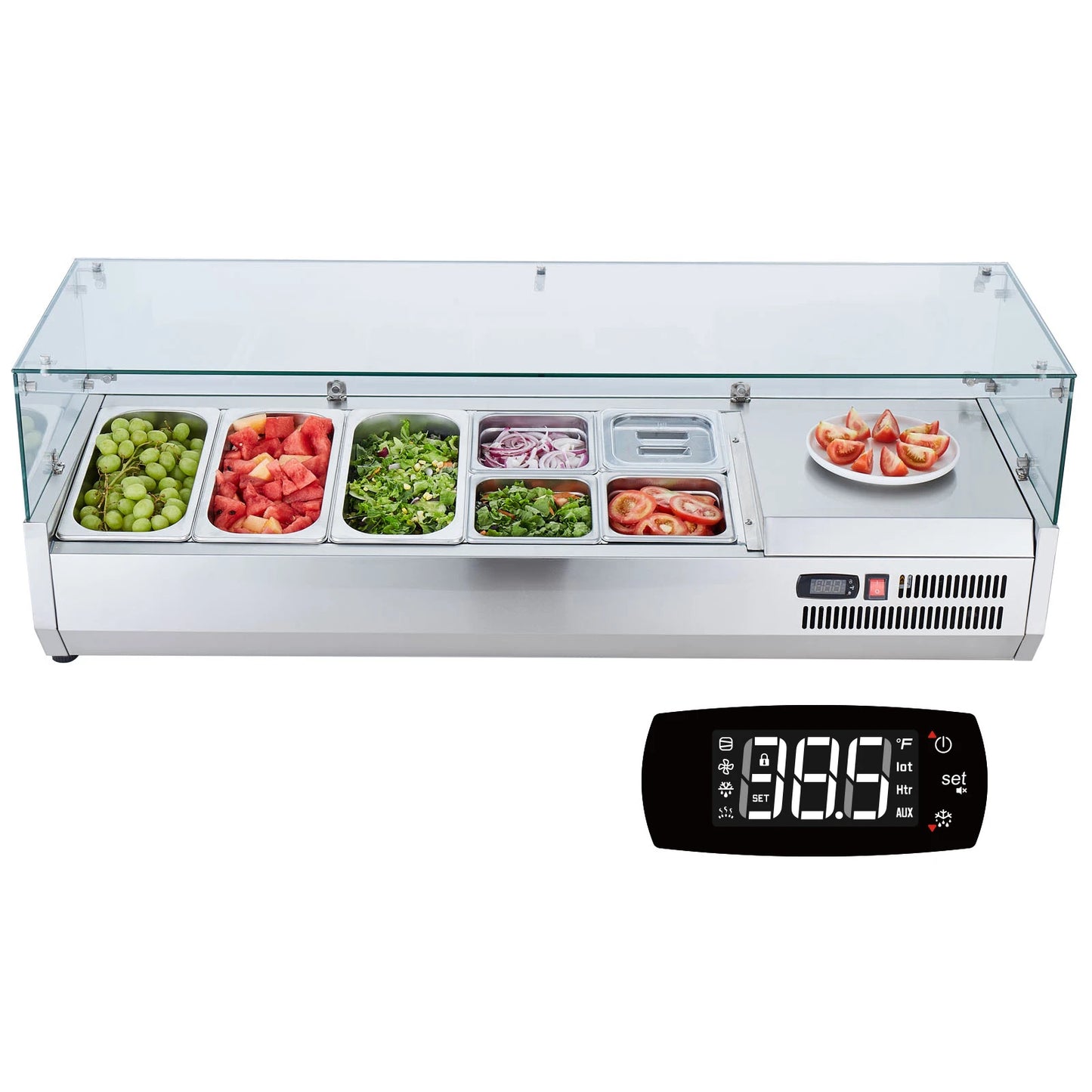 SucceBuy Refrigerated Condiment Prep Station with 3 1/3 Pans & 4 1/6 Pans 304 Stainless Body and PC Lid with Glass Guard ETL