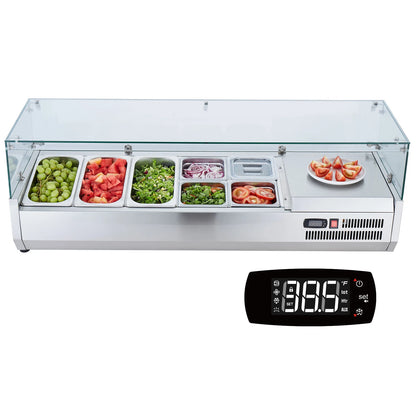 SucceBuy Refrigerated Condiment Prep Station with 3 1/3 Pans & 4 1/6 Pans 304 Stainless Body and PC Lid with Glass Guard ETL