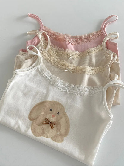 Cute Cartoon Lace Trim Tank Tops Women Summer New Slim Cotton Sleeveless Vests Vintage Sweet Preppy Style Camisole Y2K Clothes