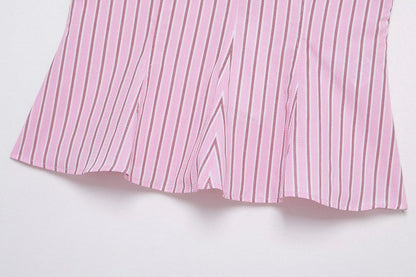HH Women Striped Pants Suit Lapel Pocket Single-breasted Blouse+Side Zipper Lace Short Top+High Waist With Belt Poplin Pant