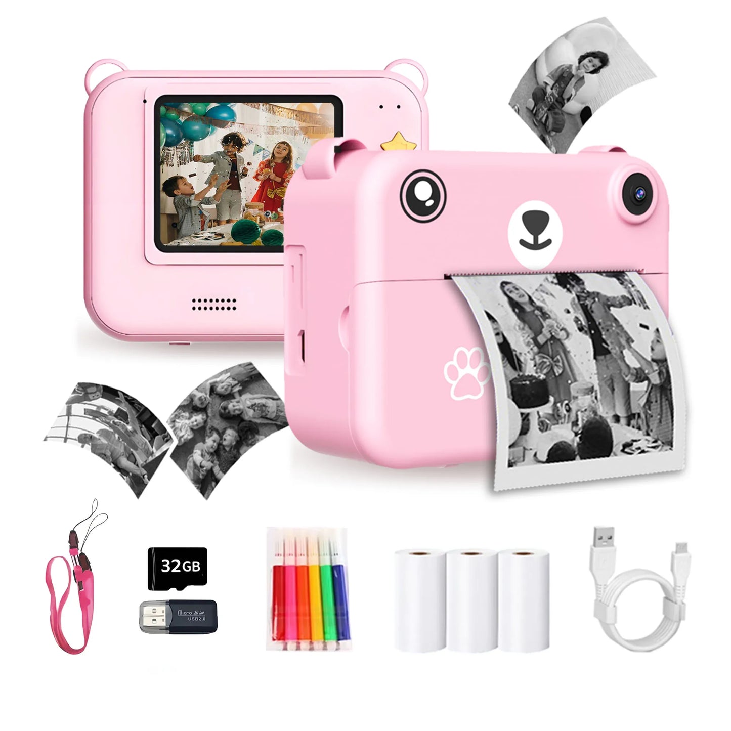 Kids Camera Instant Print Toy Portable Small Camera With 32G Memory Card ,3 Rolls Printing Paper, Gift For Boys And Girls