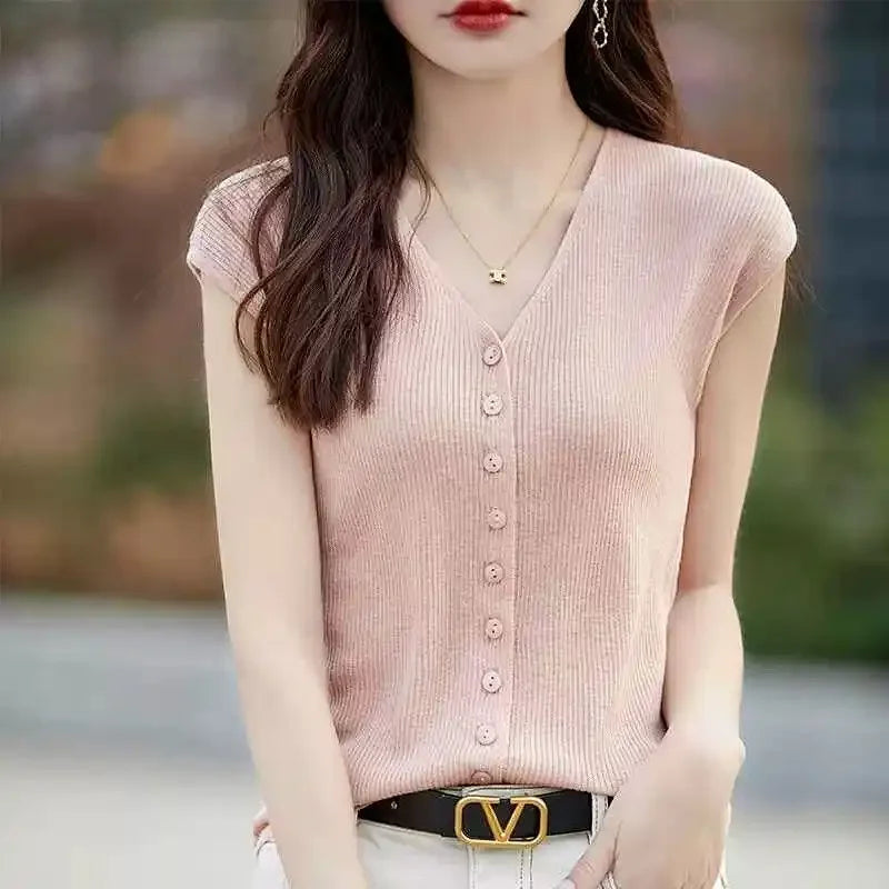 Women's Clothing New Fashion V-neck Knit Tops Summer Casual All-match Thin Sleeveless Tanks Lady Solid Single-breasted Cardigan