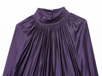 Spring new women's clothing minimalist style stand up collar shoulder inserted lantern long sleeved pleated top