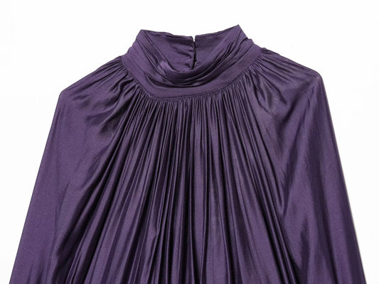 Spring new women's clothing minimalist style stand up collar shoulder inserted lantern long sleeved pleated top