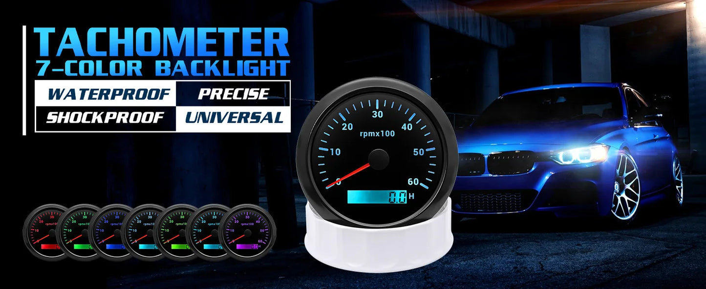 AD 85MM Tachometer with LCD Hour Meter For Marine Boat Car RPM Gauge 0-3000 4000 8000 RPM Meter Tach Sensor 7Colors Backlight