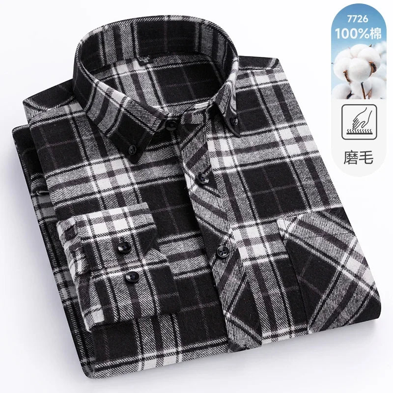 New Flannel Plaid Long Sleeve Men Casual Shirts Autumn Winter Fashion Plus Size Regular Fit Smart Dress Shirts Daily Clothes Top