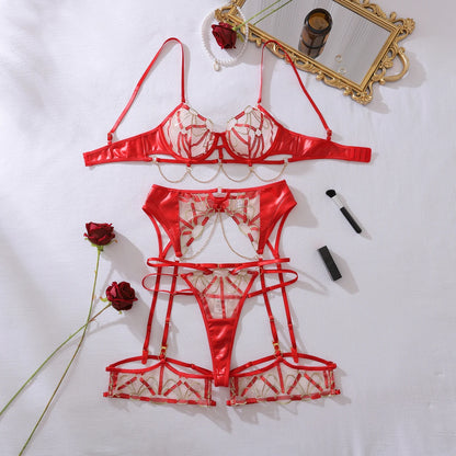Ladies Sexy Luxury Gothic Costume Carnival Set Exotic Fashion Hollow Out Lace Transparent Erotic Lingerie Panties 4 Piece Set