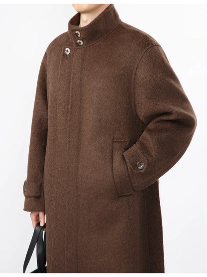 Men 100% Wool Light Autumn Winter Woolen Coat Long Collar Trench Coat