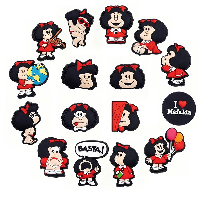 16-100pcs Anime Mafalda Shoe Charms Set Cartoon Shoes Accessories Decoration Buckle for Bubble Slides Clog Sandals Kids Gifts