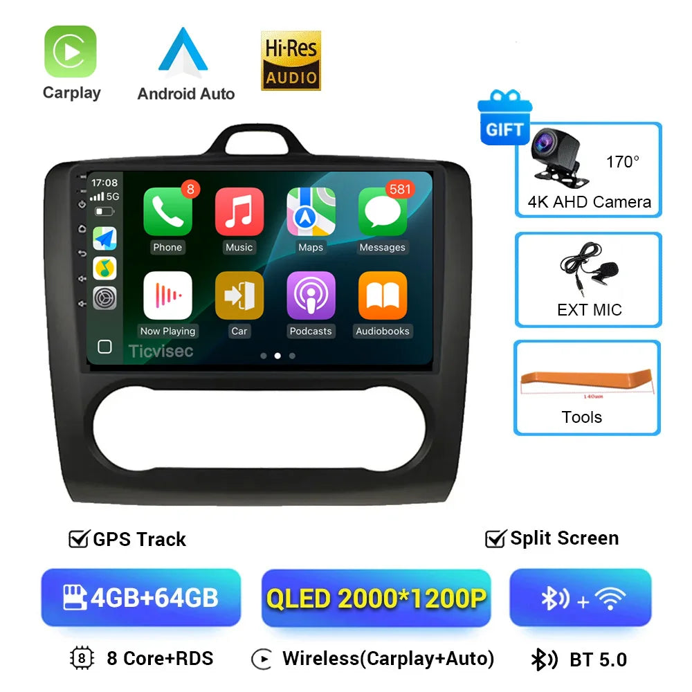 For ford focus 2 Mk2 2004-2008 2009 2010 2011 Android Auto GPS 2din autoradio GPS 2din DVR Android 16 Car Radio 4G+WIFI Carplay