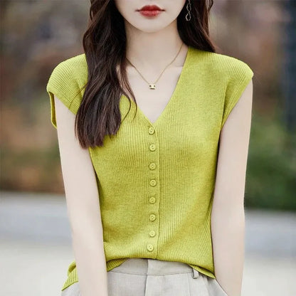 Women's Clothing New Fashion V-neck Knit Tops Summer Casual All-match Thin Sleeveless Tanks Lady Solid Single-breasted Cardigan