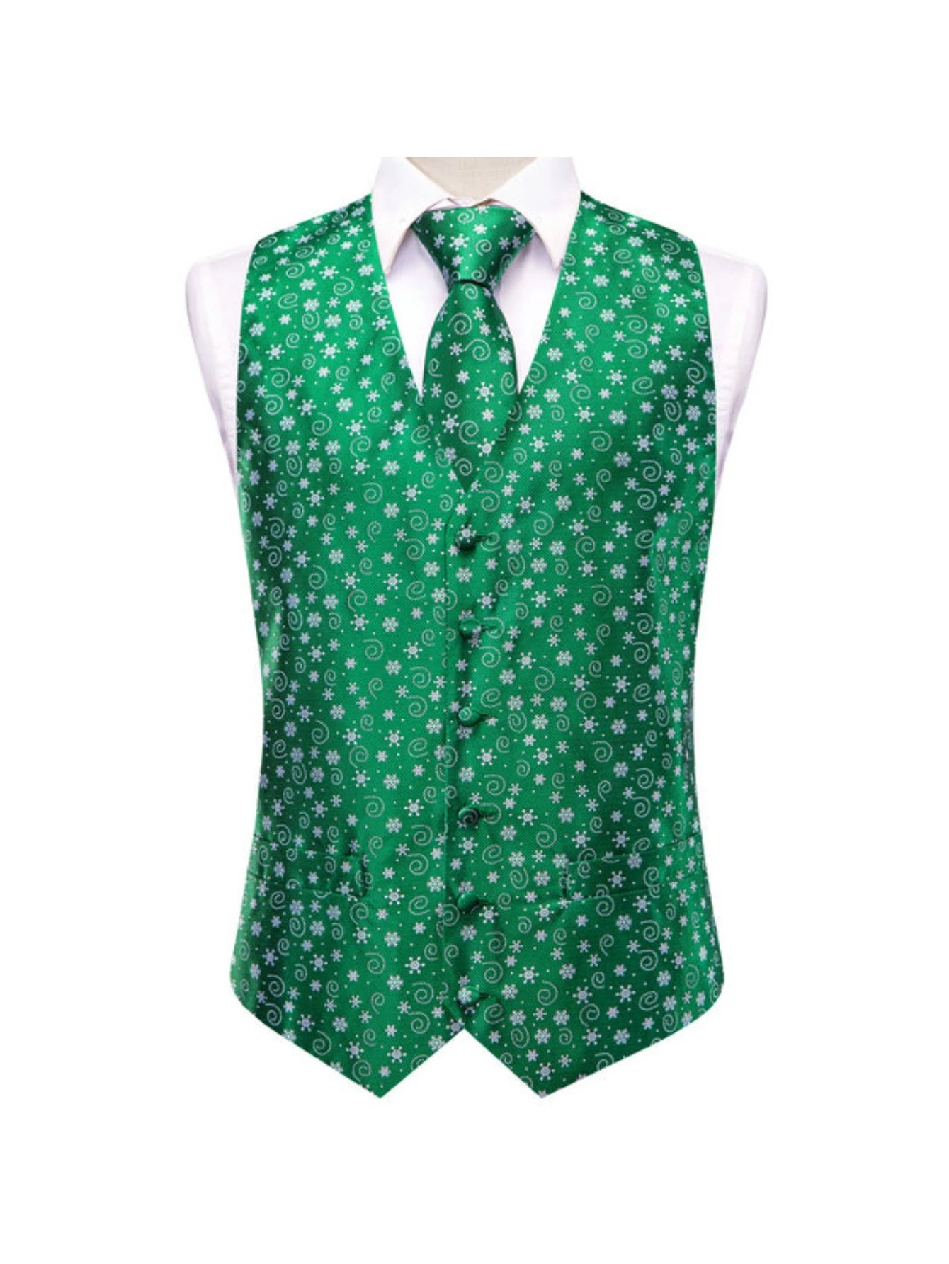 Men's Christmas Print Vest 3-Piece Set: Vest, Tie, Pocket Square, Red Blue Green Yellow for Holiday Parties