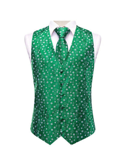 Men's Christmas Print Vest 3-Piece Set: Vest, Tie, Pocket Square, Red Blue Green Yellow for Holiday Parties