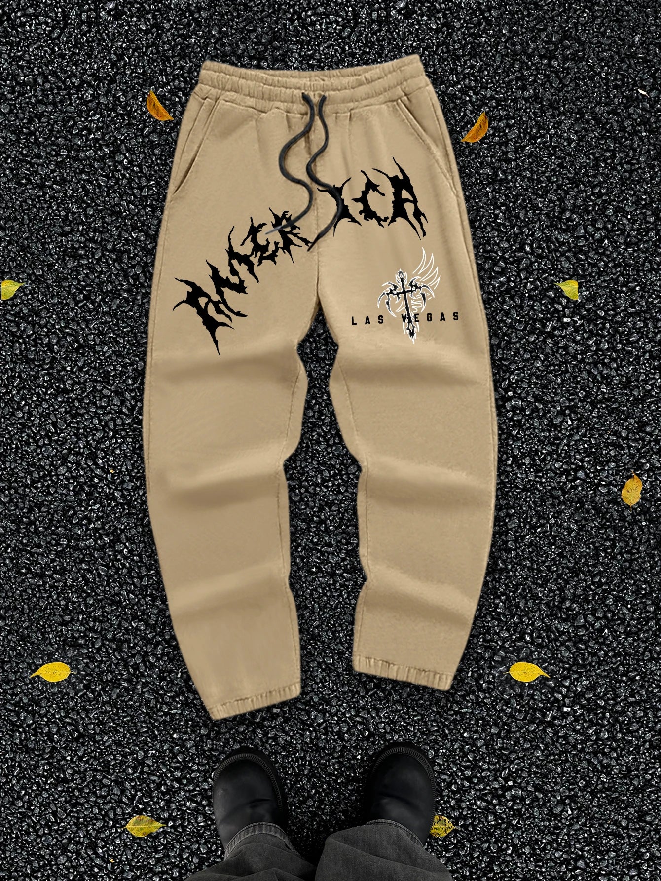 Men's Gothic Jagged Metal Font Wing Cross Las Vegas Print Sweatpants Elastic Waist Soft Dark Punk Street Hip Hop Joggers