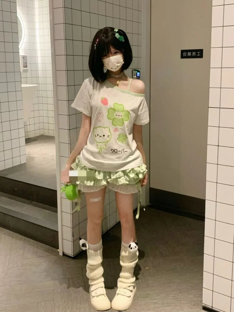 Ezgaga Harajuku T Shirts Women Cartoon Sweet Diagonal Collar Short Sleeve Off Shoulder Funny Tops Female Y2k Ladies Tshirts
