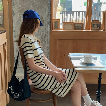 new Korean striped dress for women's summer, pure cotton straight tube mid length skirt