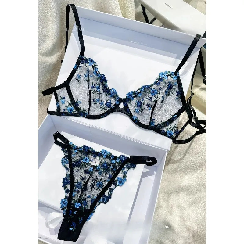 Sexy Floral Embroidery Mesh Bra Set Sweet Sheer Lace Lingerie Soft Comfort Breathable Underwear Suit Party Dating Daily Wear Bra