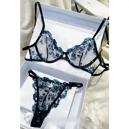 Sexy Floral Embroidery Mesh Bra Set Sweet Sheer Lace Lingerie Soft Comfort Breathable Underwear Suit Party Dating Daily Wear Bra
