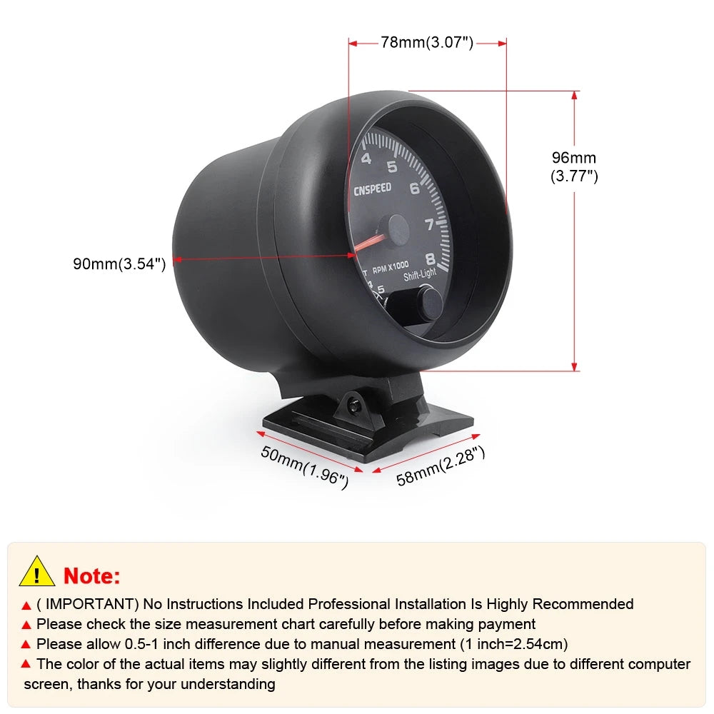 12V Tachometer Gauge 3.75'' Car Universal Black Tachometer Gauge 7color Inter Shift Light 0-8000 RPM Fit 4 6 8 Cylinder