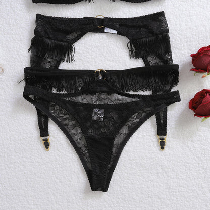 Light Chinese style tassel decoration, perspective splicing, lace shaping, backless, and airy sexy lingerie three piece set