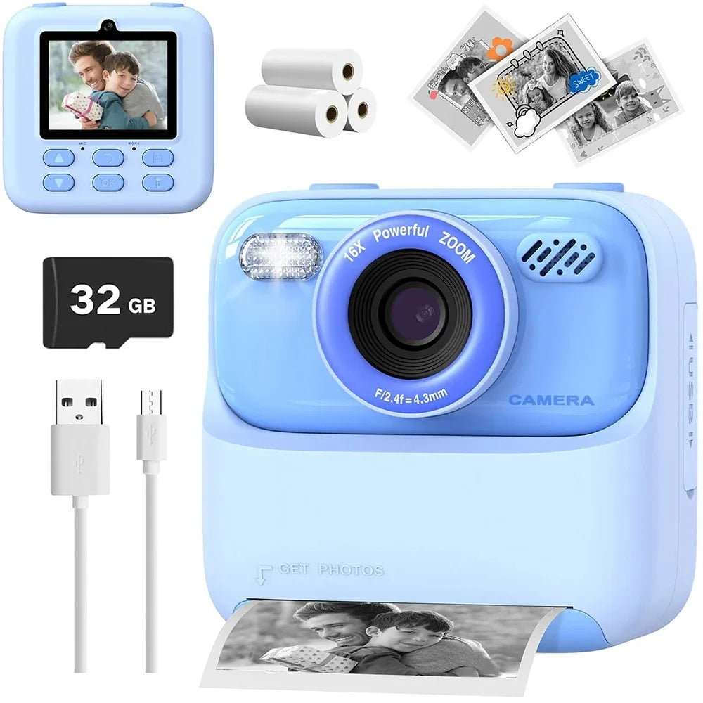 Upgrade Kids Camera Instant 1080P HD Dual Lens Selfie Digital Camera for Girls Boys Christmas Birthday Gifts Toys With 32G Print