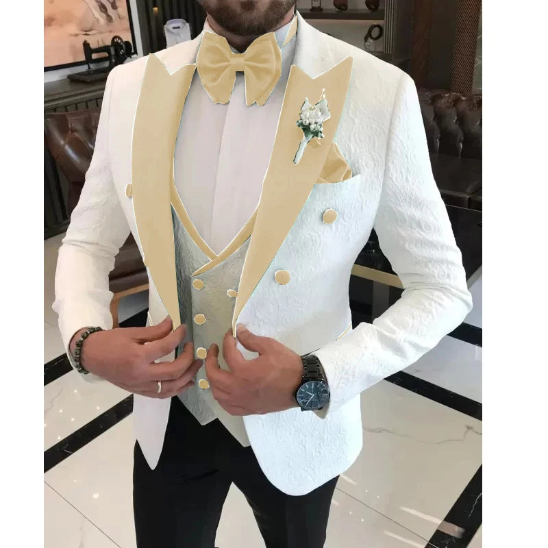 Floral Wedding Suits for Men Double Breasted Jacket with Vest Pants 3 Pieces Peak Lapel Groom Tuxedo Male Fashion Suit
