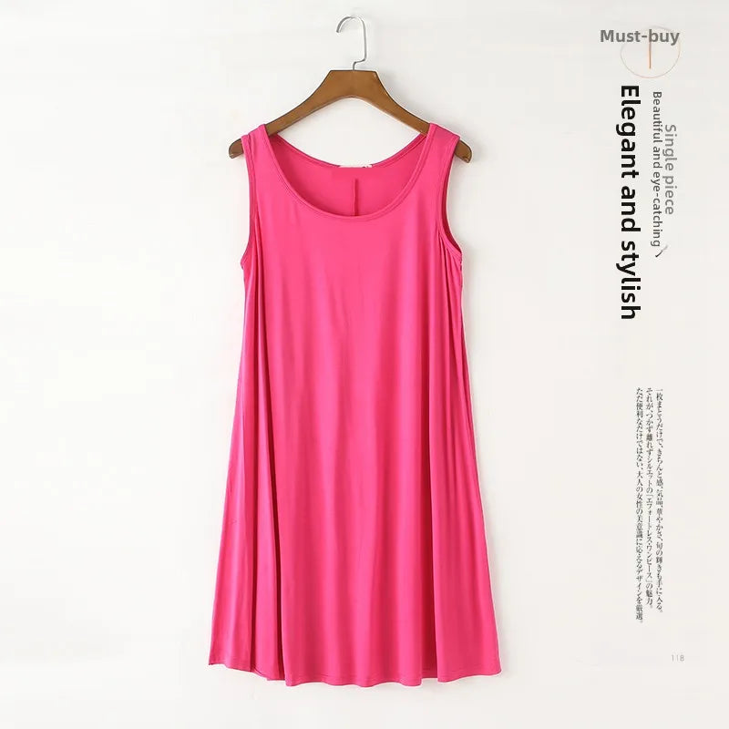 Loose Modal Summer Dr Women's Vest Dr plus Size Large 200 Pou Wearable Base Layer Korean Sle round Ne Midi Dr