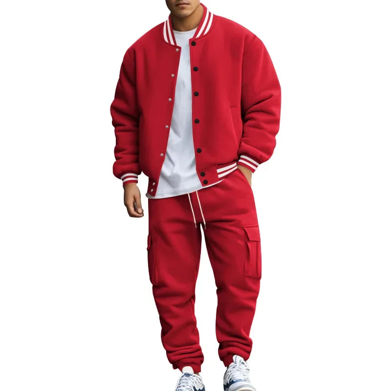 Autumn and winter American stand-up collar baseball jersey trousers fleece casual jacket men's loose sports suit