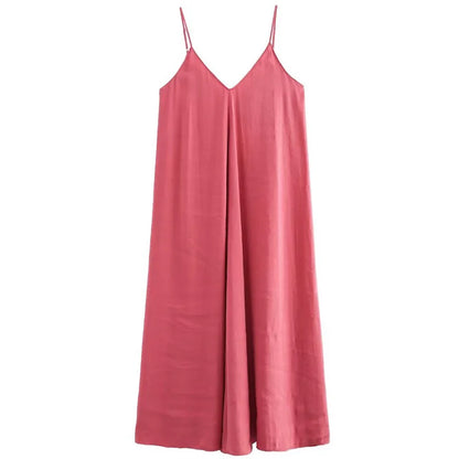 HXAO 2025 Women's Slip Dress Summer Green Red Black Dress Casual V-Neck Backless Long Dresses Sleeveless Vestidos Resort Dresses