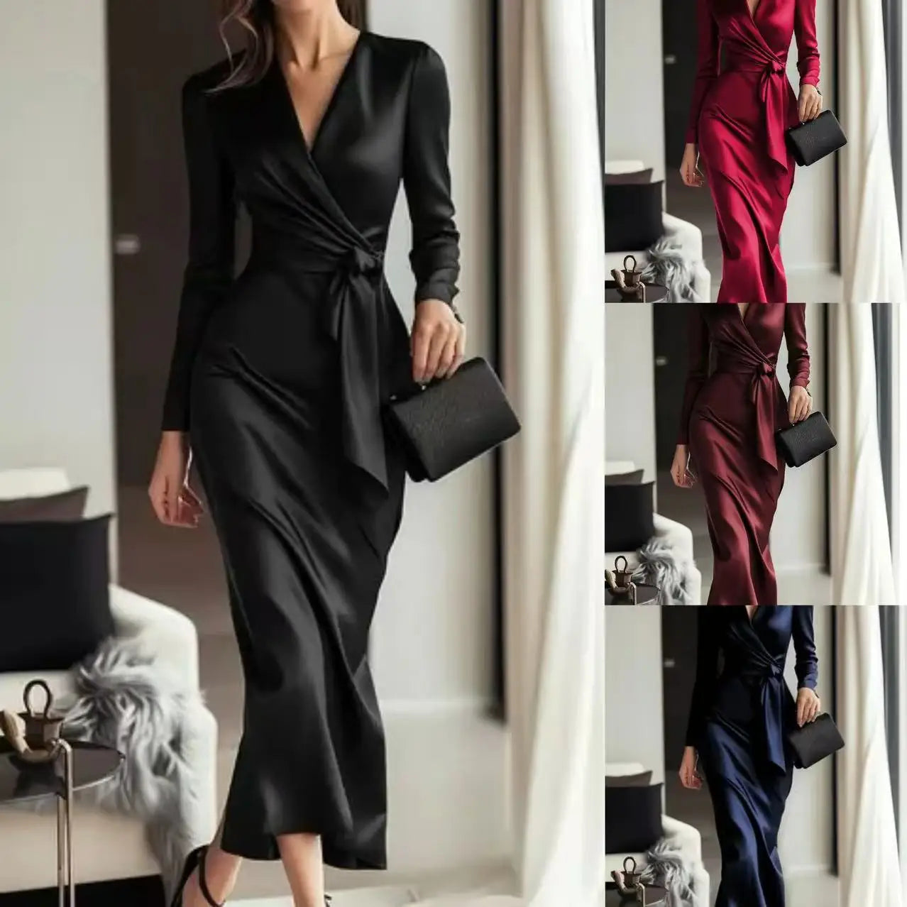Autumn temperament goddess Hepburn style long-sleeved lace-tight waist dress for women