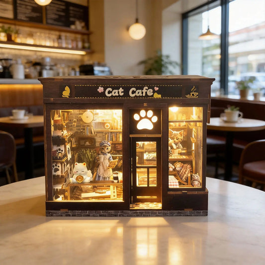 Cat Cafe Wooden Book Nook 3D Wooden Puzzle DIY Handmade Miniature Model Assembly Toy Craft Kit For Adults Teens With Led Light