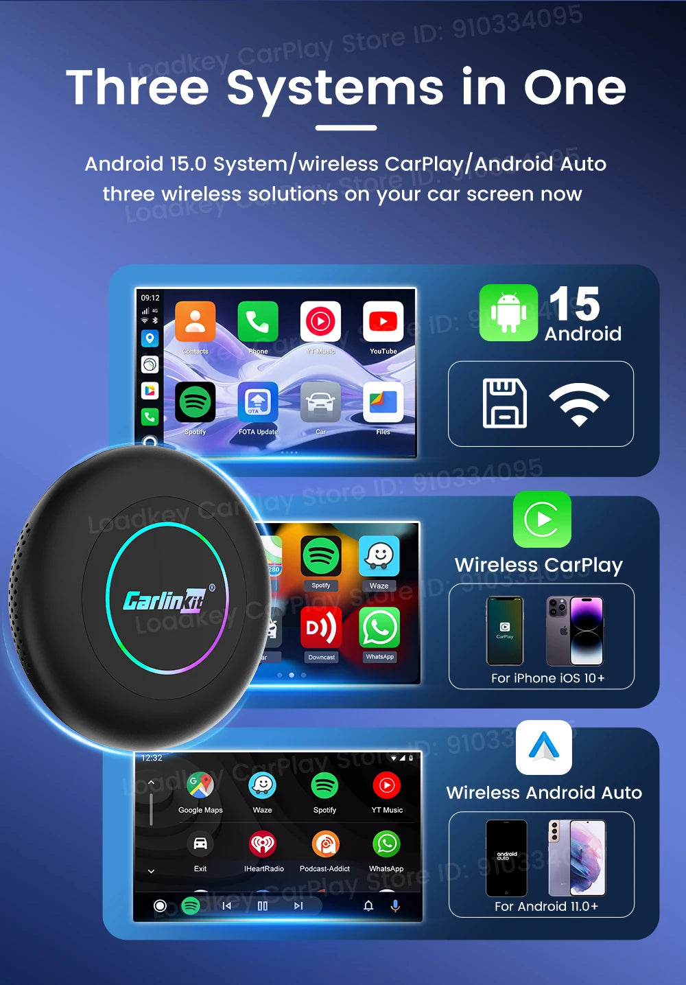 CarlinKit 3 In 1 Android 15 CarPlay Ai Box Wireless Adapter Android Auto Qualcomm SM6350 128GB 8-Core for Youtube Netflix FOTA