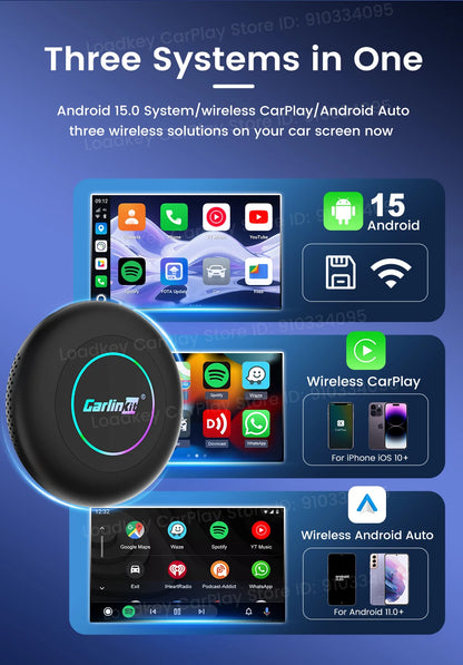 CarlinKit 3 In 1 Android 15 CarPlay Ai Box Wireless Adapter Android Auto Qualcomm SM6350 128GB 8-Core for Youtube Netflix FOTA