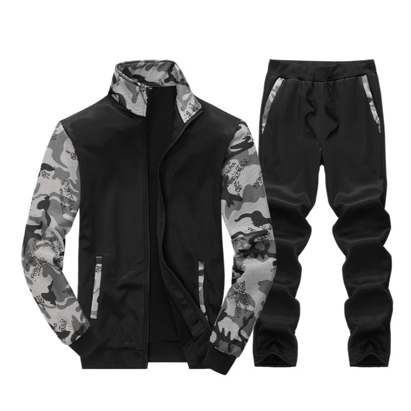 Cross border European code new camouflage hoodie men's spring and autumn long sleeved casual sports suit fleece hoodie two-piece