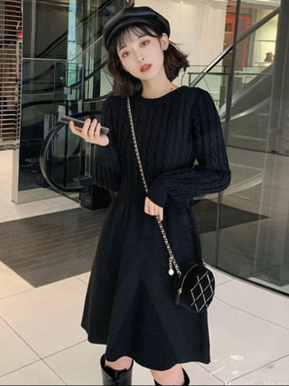 High Waist A-Line Knitted Dress Long Sleeve Base Layer Shirt Waist Cinched Black Dress Autumn Wear Korean Style Commute Dress