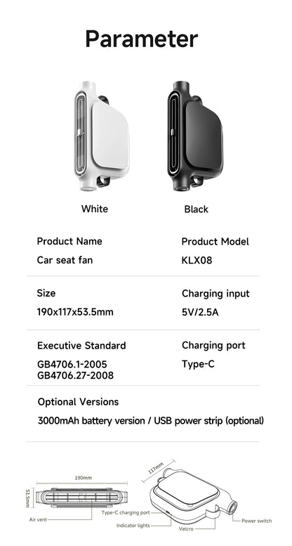 Summer Car Seat Cooling Fan 3 Speed Quiet USB Headrest Ventilation 5V Portable Backseat Cooler with 3000mAh Battery or Corded