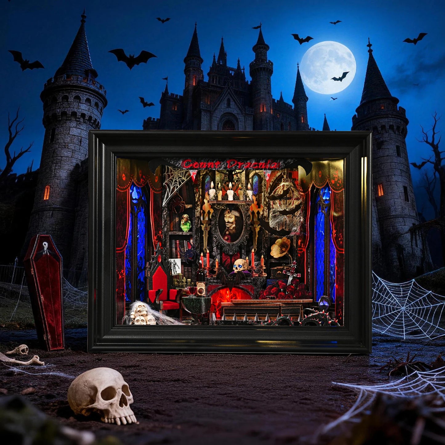 Book Nook Kit Vampire DIY Wooden Puzzle Dracula Gothic Style Halloween Bookshelf Dollhouse Model Bookend Building Home Dec