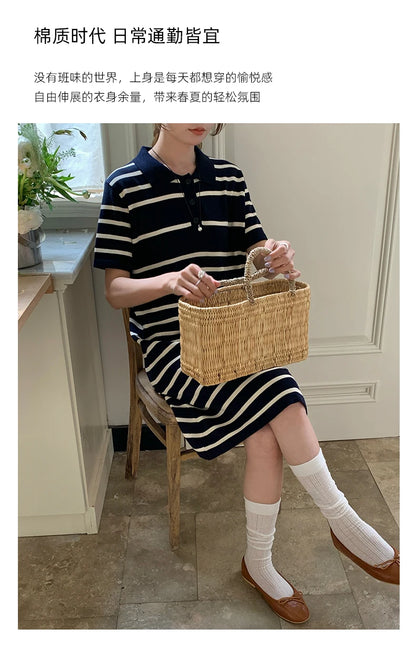 new Korean striped dress for women's summer, pure cotton straight tube mid length skirt