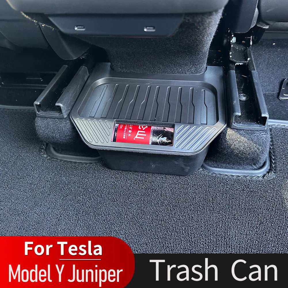 2025 2026 for Tesla Model Y Juniper Trash Can Rear Center Console Organizer Backseat Storage Box with Lid Floor Pads Accessories
