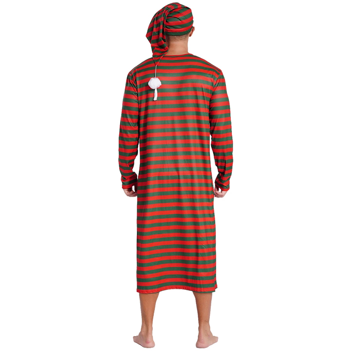Mens Striped Long Sleeve Nightshirts Sleepwear Round Neck Loose Pajamas Robe Sleepshirt with Night Cap Christmas Loungewear