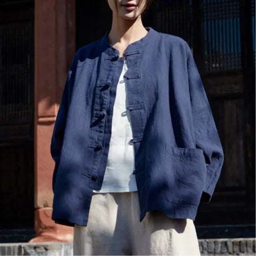 Retro Chinese Cotton Linen Shirt Jacket Women Spring Zen Collar Button Long Sleeve Slimming Linen Outerwear Top