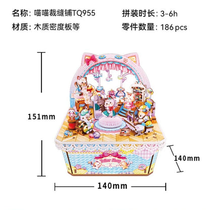 Tonecheer Cat jailor Shop Music Box Wooden Puzzle Building Blocks Diorama Model Kit 3D Wooden Gift Toy Dollhouse Decoration