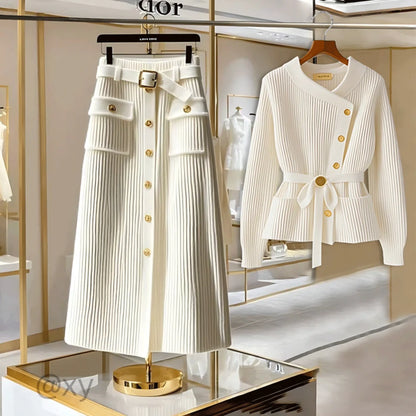 Elegant Autumn Winter Knitted Sweater Long Sleeve Women's Skirt Set High Waist Loose Fit Fashionable Two-Piece Ensemble